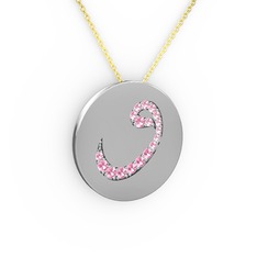 Taşlı Vav Kolye - Pembe kuvars 8 ayar beyaz altın kolye (40 cm altın rolo zincir) #916n0v