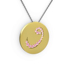 Taşlı Vav Kolye - Pembe kuvars 8 ayar altın kolye (40 cm gümüş rolo zincir) #a97teo