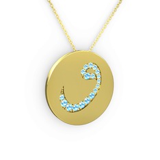 Taşlı Vav Kolye - Akuamarin 14 ayar altın kolye (40 cm altın rolo zincir) #b2vz18