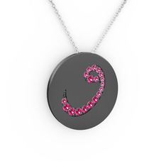 Taşlı Vav Kolye - Rodolit garnet 925 ayar siyah rodyum kaplama gümüş kolye (40 cm gümüş rolo zincir) #fsy19d