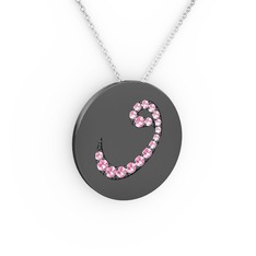 Taşlı Vav Kolye - Pembe kuvars 925 ayar siyah rodyum kaplama gümüş kolye (40 cm beyaz altın rolo zincir) #qi39q9