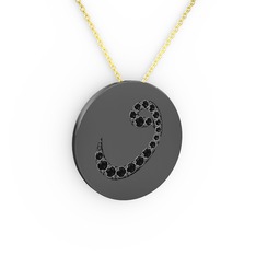 Taşlı Vav Kolye - Siyah zirkon 925 ayar siyah rodyum kaplama gümüş kolye (40 cm altın rolo zincir) #r89xm5
