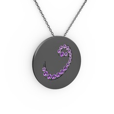 Taşlı Vav Kolye - Ametist 925 ayar siyah rodyum kaplama gümüş kolye (40 cm gümüş rolo zincir) #uf639n