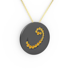 Taşlı Vav Kolye - Sitrin 925 ayar siyah rodyum kaplama gümüş kolye (40 cm altın rolo zincir) #vra069