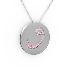 Taşlı Vav Kolye - Pembe kuvars 18 ayar beyaz altın kolye (40 cm beyaz altın rolo zincir) #wztx0i