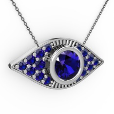 Lab safir 14 ayar beyaz altın kolye (40 cm gümüş rolo zincir)