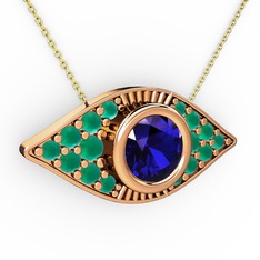 Palmira Göz Nazar Kolye - Lab safir ve kök zümrüt 925 ayar rose altın kaplama gümüş kolye (40 cm altın rolo zincir) #13at649