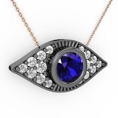 Palmira Göz Nazar Kolye - Lab safir ve beyaz zirkon 925 ayar siyah rodyum kaplama gümüş kolye (40 cm rose altın rolo zincir) #13g5gyx