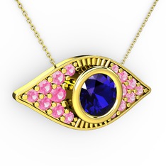 Palmira Göz Nazar Kolye - Lab safir ve pembe kuvars 8 ayar altın kolye (40 cm altın rolo zincir) #1552p4w