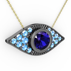 Palmira Göz Nazar Kolye - Lab safir ve akuamarin 925 ayar siyah rodyum kaplama gümüş kolye (40 cm gümüş rolo zincir) #15bk1e0