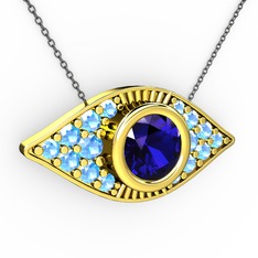 Lab safir ve akuamarin 14 ayar altın kolye (40 cm gümüş rolo zincir)