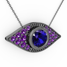 Palmira Göz Nazar Kolye - Lab safir ve ametist 925 ayar siyah rodyum kaplama gümüş kolye (40 cm gümüş rolo zincir) #1bj5bld