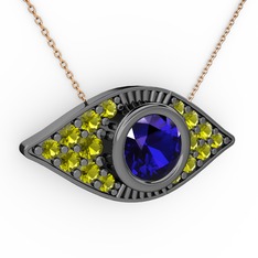 Lab safir ve peridot 925 ayar siyah rodyum kaplama gümüş kolye (40 cm rose altın rolo zincir)