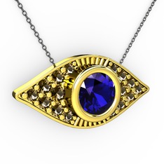 Lab safir ve dumanlı kuvars 14 ayar altın kolye (40 cm gümüş rolo zincir)