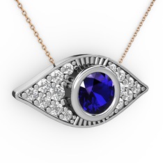 Palmira Göz Nazar Kolye - Lab safir ve swarovski 14 ayar beyaz altın kolye (40 cm rose altın rolo zincir) #1gkiddv