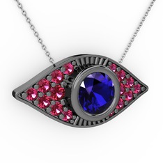 Palmira Göz Nazar Kolye - Lab safir ve rodolit garnet 925 ayar siyah rodyum kaplama gümüş kolye (40 cm beyaz altın rolo zincir) #1jw9mkn