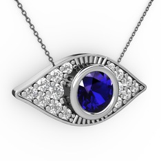 Lab safir ve beyaz zirkon 8 ayar beyaz altın kolye (40 cm gümüş rolo zincir)