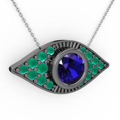 Palmira Göz Nazar Kolye - Lab safir ve kök zümrüt 925 ayar siyah rodyum kaplama gümüş kolye (40 cm beyaz altın rolo zincir) #1l6osym