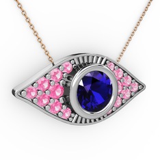 Palmira Göz Nazar Kolye - Lab safir ve pembe kuvars 14 ayar beyaz altın kolye (40 cm rose altın rolo zincir) #1n18x31