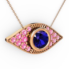 Palmira Göz Nazar Kolye - Lab safir ve pembe kuvars 14 ayar rose altın kolye (40 cm rose altın rolo zincir) #1n87l9c