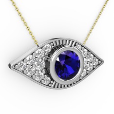 Lab safir ve swarovski 18 ayar beyaz altın kolye (40 cm altın rolo zincir)