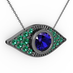 Palmira Göz Nazar Kolye - Lab safir ve yeşil kuvars 925 ayar siyah rodyum kaplama gümüş kolye (40 cm gümüş rolo zincir) #1p4ehk7