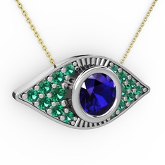 Palmira Göz Nazar Kolye - Lab safir ve yeşil kuvars 8 ayar beyaz altın kolye (40 cm altın rolo zincir) #1qzjij