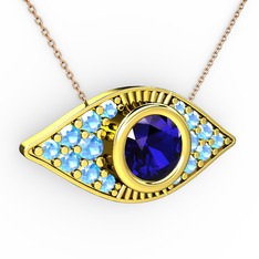 Palmira Göz Nazar Kolye - Lab safir ve akuamarin 8 ayar altın kolye (40 cm rose altın rolo zincir) #1uo92q9