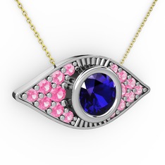 Lab safir ve pembe kuvars 14 ayar beyaz altın kolye (40 cm altın rolo zincir)
