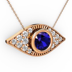 Lab safir ve swarovski 925 ayar rose altın kaplama gümüş kolye (40 cm rose altın rolo zincir)