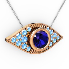 Lab safir ve akuamarin 14 ayar rose altın kolye (40 cm gümüş rolo zincir)