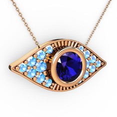 Palmira Göz Nazar Kolye - Lab safir ve akuamarin 14 ayar rose altın kolye (40 cm rose altın rolo zincir) #1wkuiyg