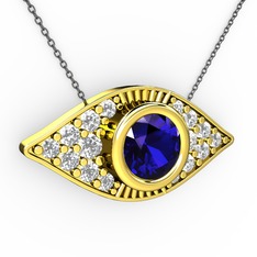 Lab safir ve beyaz zirkon 18 ayar altın kolye (40 cm gümüş rolo zincir)