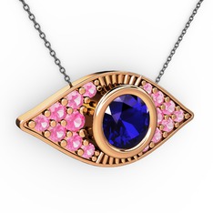 Lab safir ve pembe kuvars 8 ayar rose altın kolye (40 cm gümüş rolo zincir)