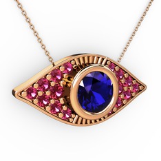 Palmira Göz Nazar Kolye - Lab safir ve rodolit garnet 925 ayar rose altın kaplama gümüş kolye (40 cm rose altın rolo zincir) #enio46