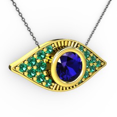 Lab safir ve yeşil kuvars 14 ayar altın kolye (40 cm gümüş rolo zincir)