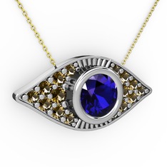 Lab safir ve dumanlı kuvars 18 ayar beyaz altın kolye (40 cm gümüş rolo zincir)