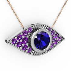 Palmira Göz Nazar Kolye - Lab safir ve ametist 14 ayar beyaz altın kolye (40 cm rose altın rolo zincir) #nj8dqe