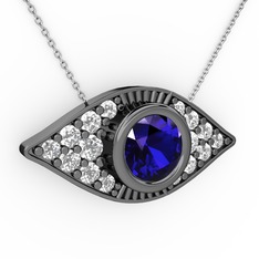 Lab safir ve beyaz zirkon 925 ayar siyah rodyum kaplama gümüş kolye (40 cm gümüş rolo zincir)