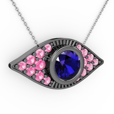 Lab safir ve pembe kuvars 925 ayar siyah rodyum kaplama gümüş kolye (40 cm beyaz altın rolo zincir)