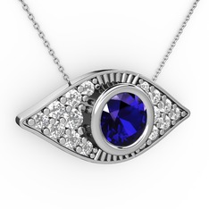 Lab safir ve beyaz zirkon 14 ayar beyaz altın kolye (40 cm gümüş rolo zincir)