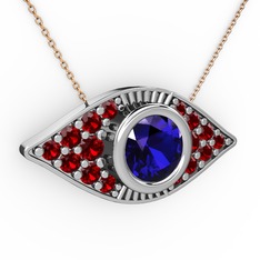 Lab safir ve garnet 18 ayar beyaz altın kolye (40 cm rose altın rolo zincir)