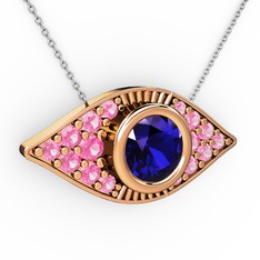 Palmira Göz Nazar Kolye - Lab safir ve pembe kuvars 14 ayar rose altın kolye (40 cm beyaz altın rolo zincir) #u4bfrc