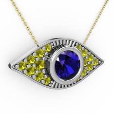 Lab safir ve peridot 8 ayar beyaz altın kolye (40 cm gümüş rolo zincir)