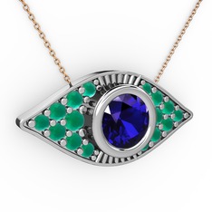 Lab safir ve kök zümrüt 14 ayar beyaz altın kolye (40 cm rose altın rolo zincir)