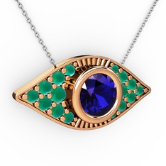 Lab safir ve kök zümrüt 14 ayar rose altın kolye (40 cm gümüş rolo zincir)