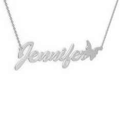 Kelebek İsim Kolye - 18 ayar beyaz altın kolye (8 karakterli el yazısı, 40 cm beyaz altın rolo zincir) #12074zo