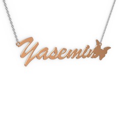 Kelebek İsim Kolye - 14 ayar rose altın kolye (7 karakterli el yazısı, 40 cm beyaz altın rolo zincir) #1ibubdq