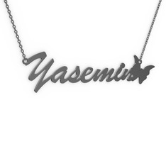 925 ayar siyah rodyum kaplama gümüş kolye (7 karakterli el yazısı, 40 cm gümüş rolo zincir)