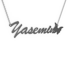 Kelebek İsim Kolye - 925 ayar siyah rodyum kaplama gümüş kolye (7 karakterli el yazısı, 40 cm gümüş rolo zincir) #n6d0mn